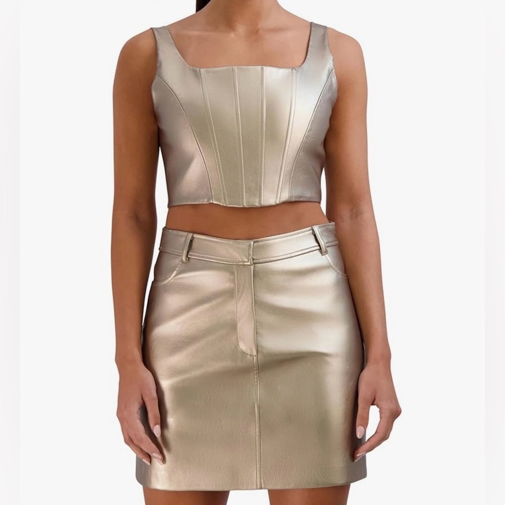 BCBGeneration Bronze Gold Square Neck Cropped Pleather Bralette Tank Top